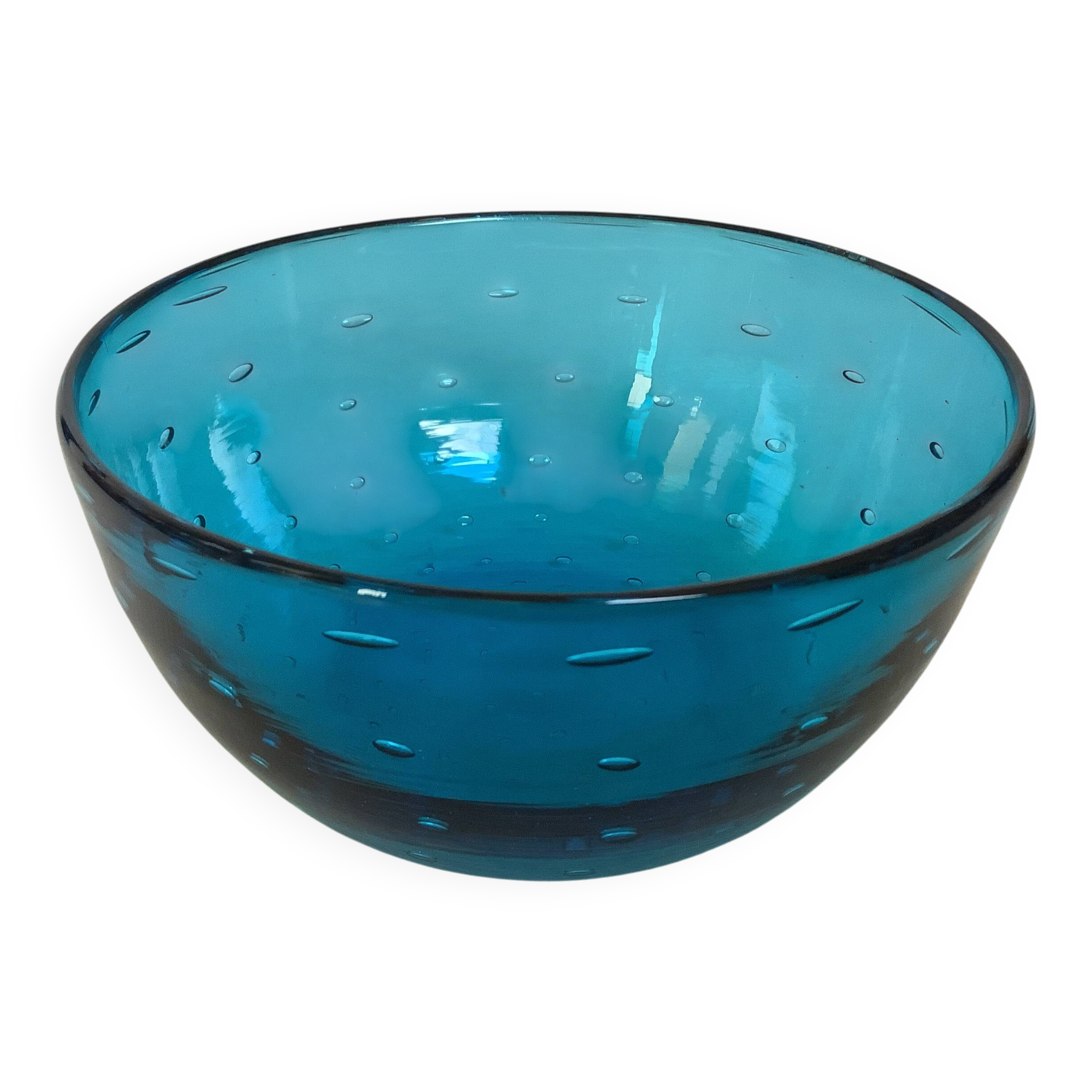Blue glass bowl with bubbles, Murano style.