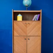 Vintage secretary bookcase from the 50s and 60s, oak with chevron marquetry.