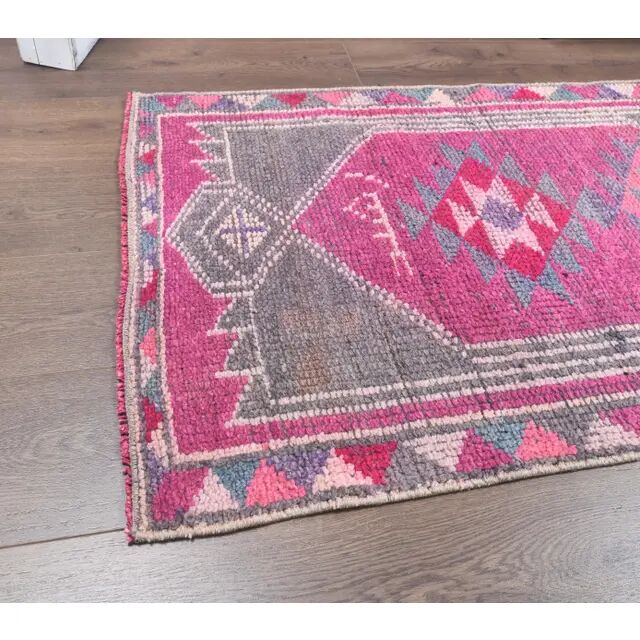 Pink-gray vintage Turkish hand-knotted tribal runner 79x390