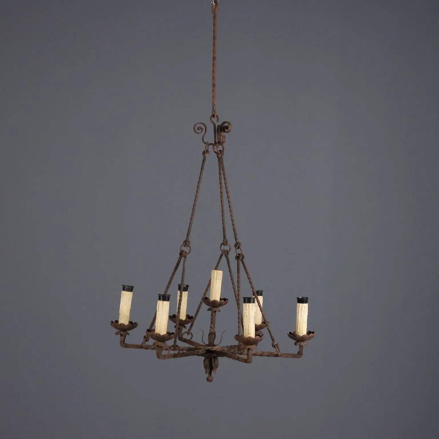 Antique wrought iron chandelier with 7 lights, Italy, 19th century.