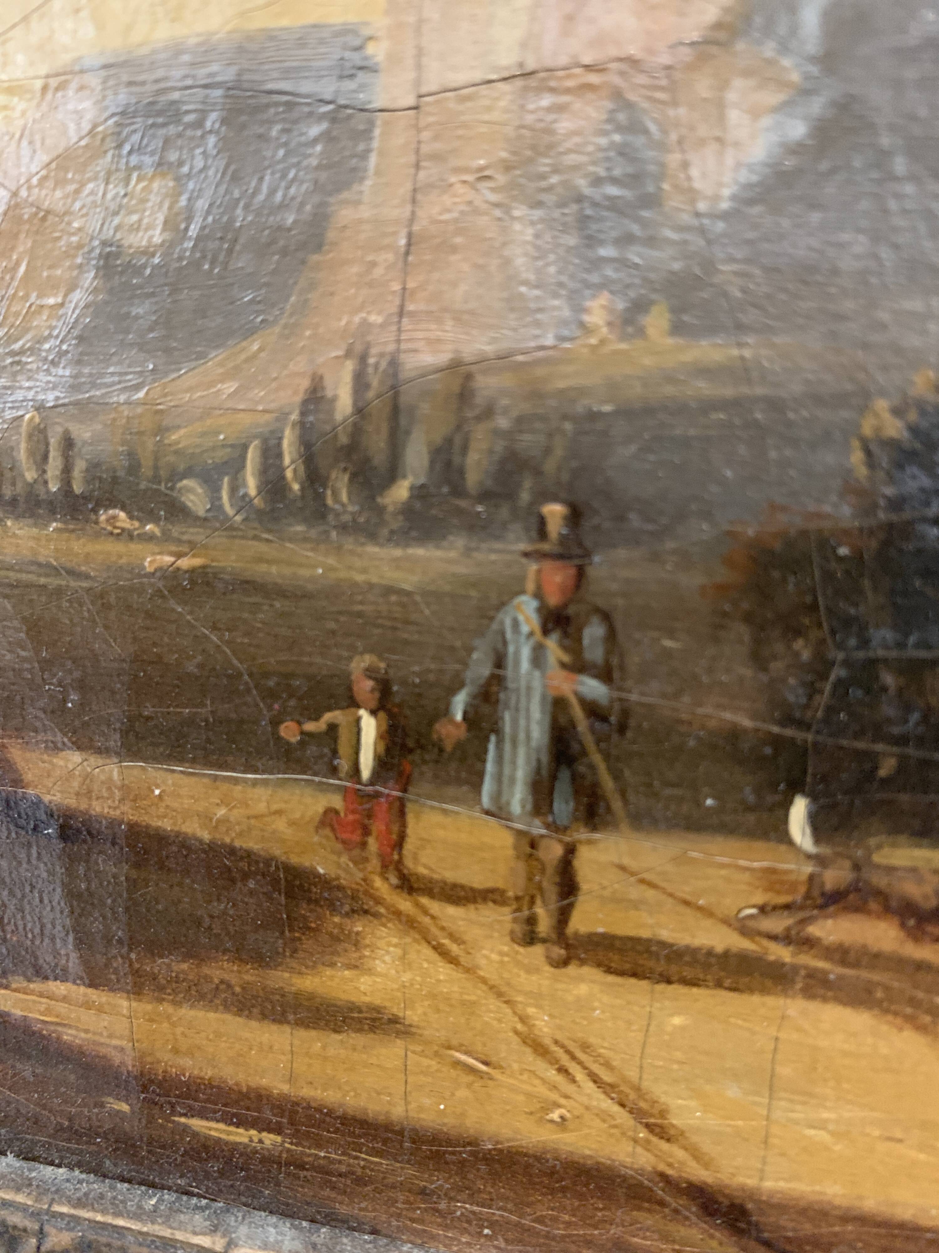 Oil on canvas "Animated landscape" wooden frame and gilded stucco 19th century