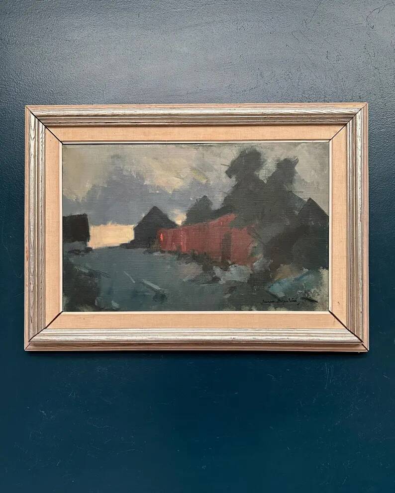Original Swedish Oil on Canvas – “Red Barn” by Arne Aspelin – Signed – Vintage & Framed – 70 × 50 cm (27.6" × 19.7")