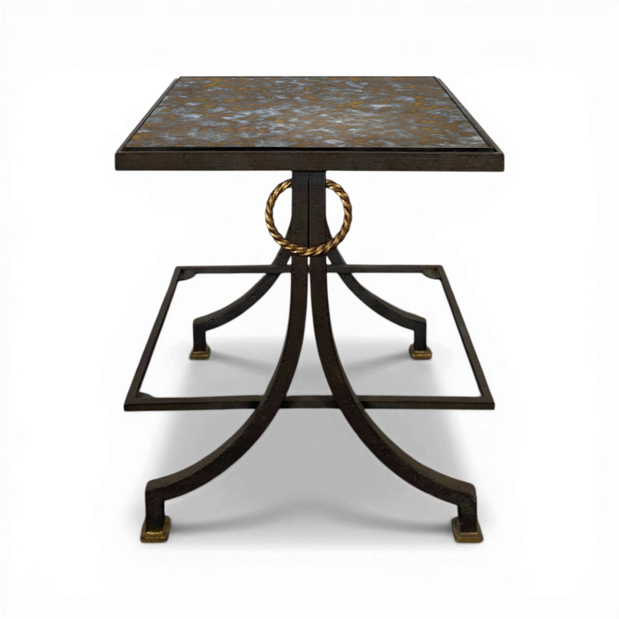 Neoclassical side table in wrought iron and eglomisé glass.
