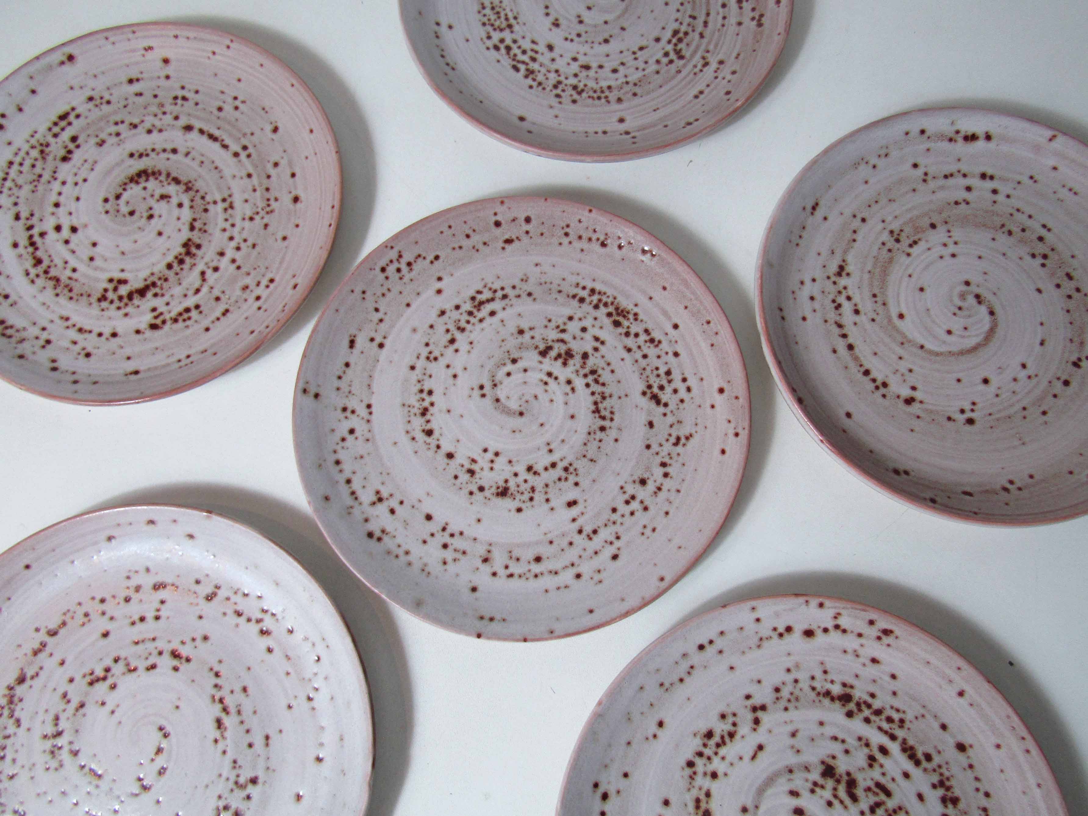 Set de 6 assiettes plates en grès beige rose vintage 23,8 cm