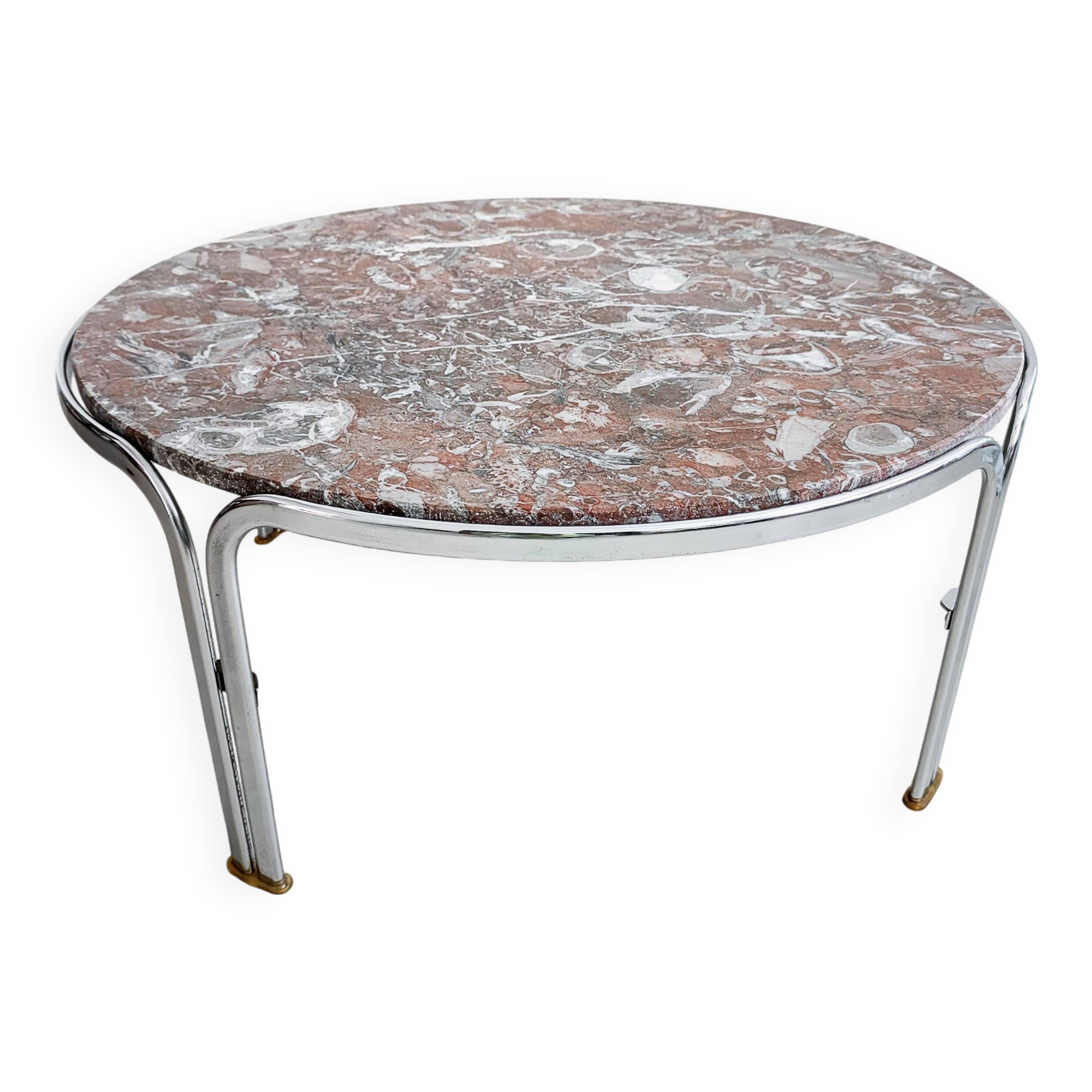 Table basse vintage en marbre rouge et chrome des années 1970