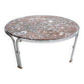 Table basse vintage en marbre rouge et chrome des années 1970