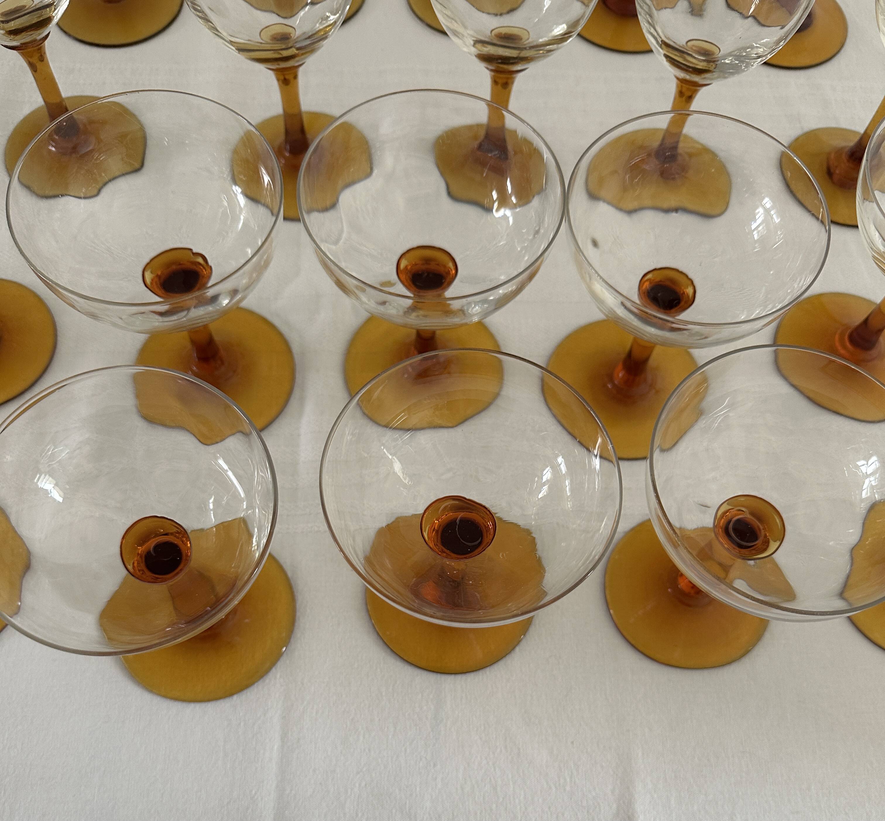 Set of 41 antique glasses with amber stems - water, wine, liqueur, champagne cups.