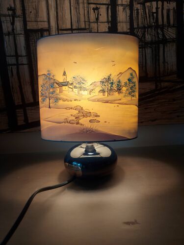 Lampe en céramique , atelier d'art Montclus , abat jour en soie , peint main