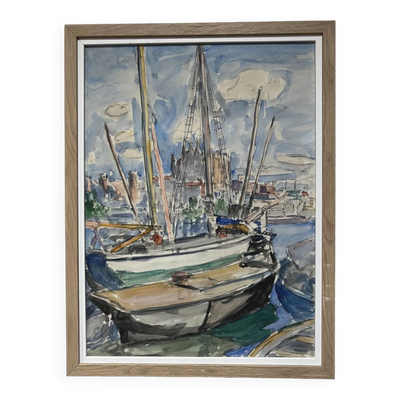 Ecole Française Du XX° Siècle, Voiliers Dans Le Port De La Palma, Aquarelle