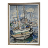 French School of the 20th Century, Sailboats in the Port of La Palma, Watercolour