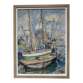 Ecole Française Du XX° Siècle, Voiliers Dans Le Port De La Palma, Aquarelle