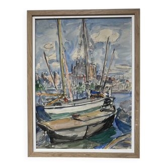 Ecole Française Du XX° Siècle, Voiliers Dans Le Port De La Palma, Aquarelle