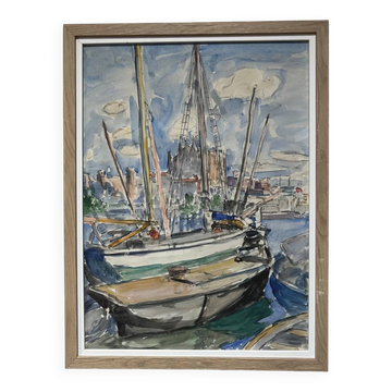 French School of the 20th Century, Sailboats in the Port of La Palma, Watercolour