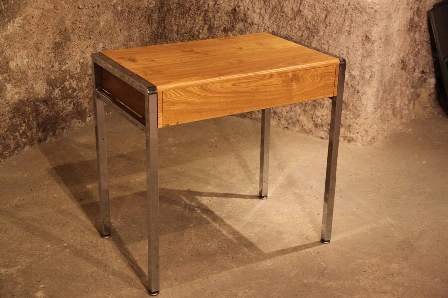 Small dressing table with chrome legs and oak laminate.