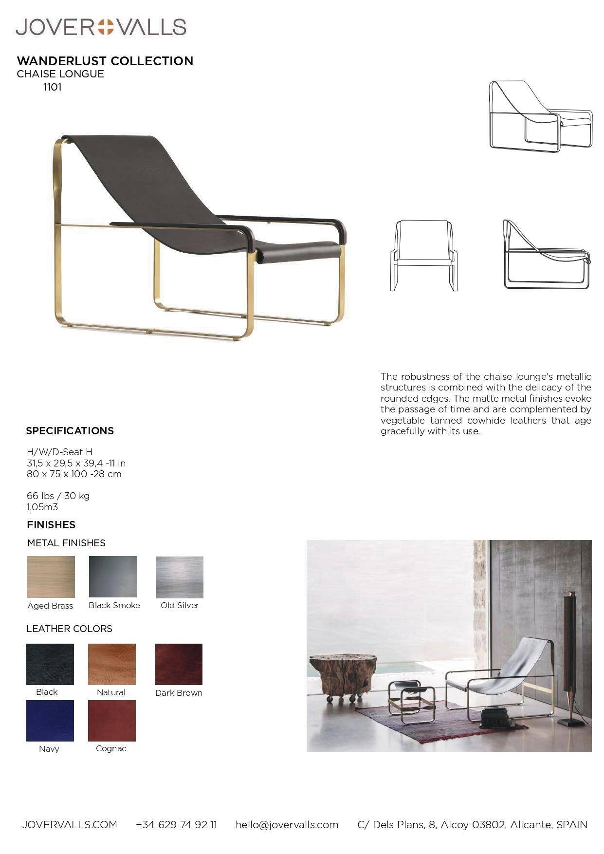 Classic Contemporary Chaise Longue in Aged Brass and Navy Blue Leather