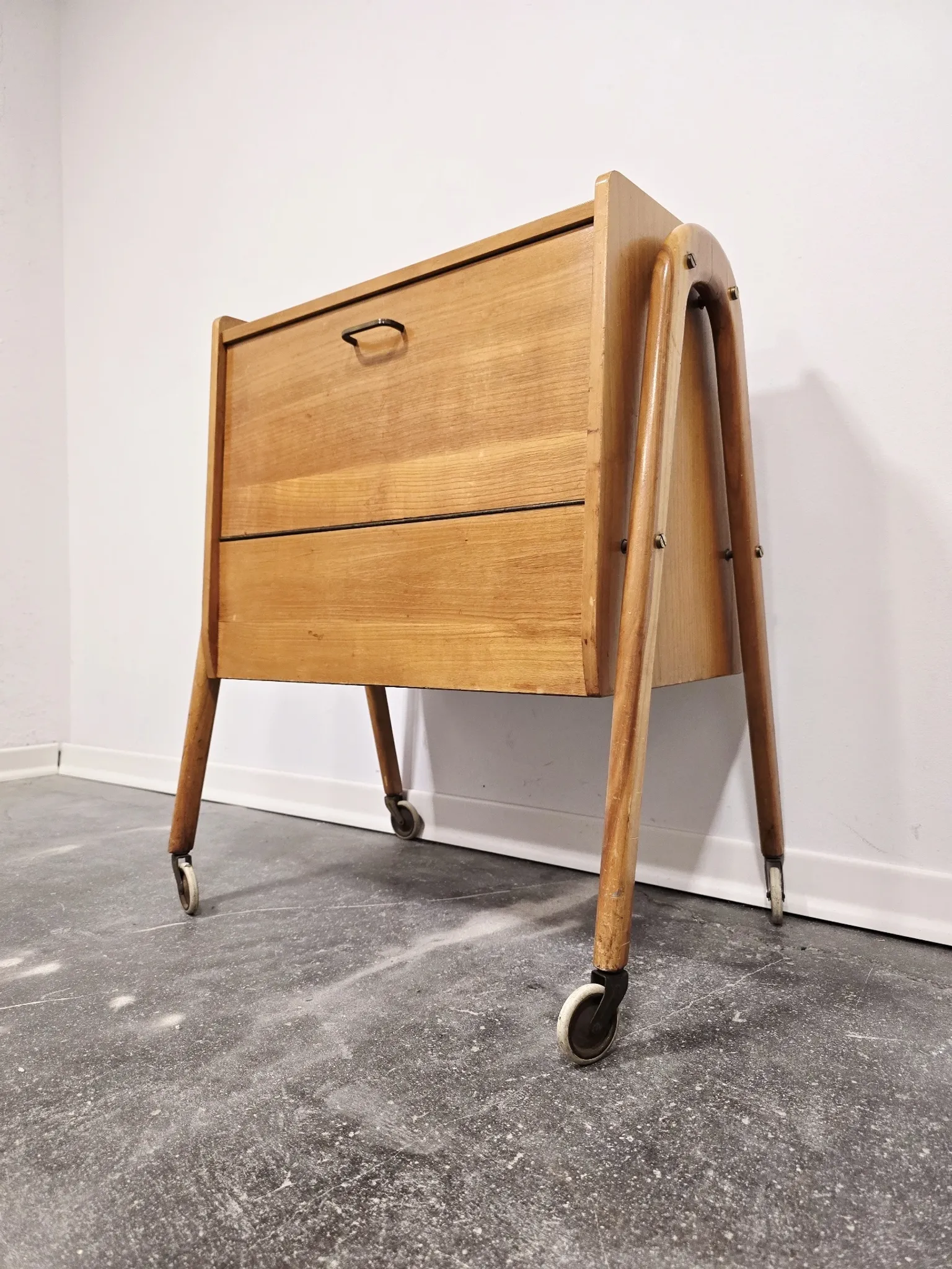 Rare 1970s Danish-Style Wooden Cabinet on Wheels | Vintage Nightstand,