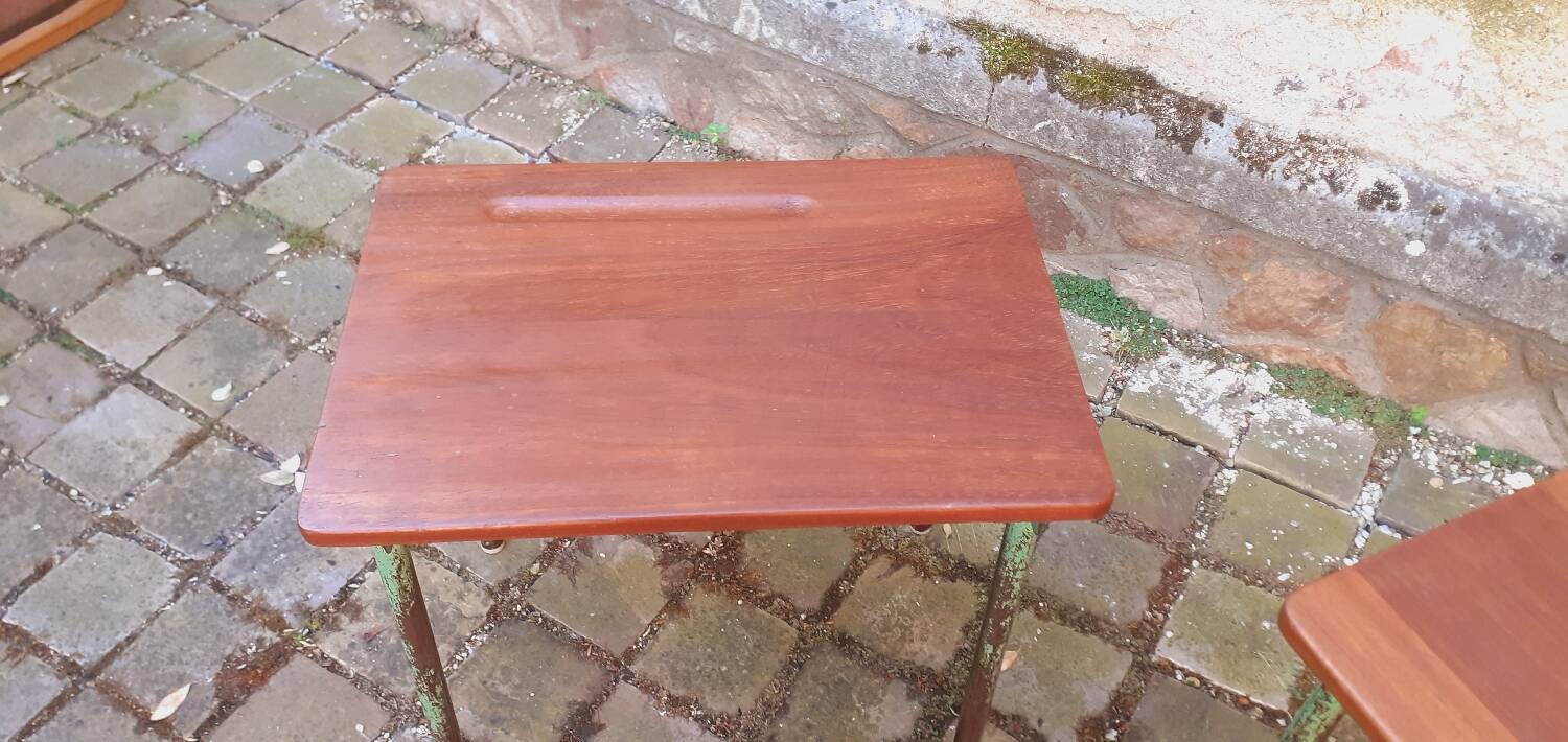 Pair of 1960s tables in tubular metal and solid teak