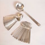 Silver plated metal service: 12 soup spoons, 12 forks and ladle.