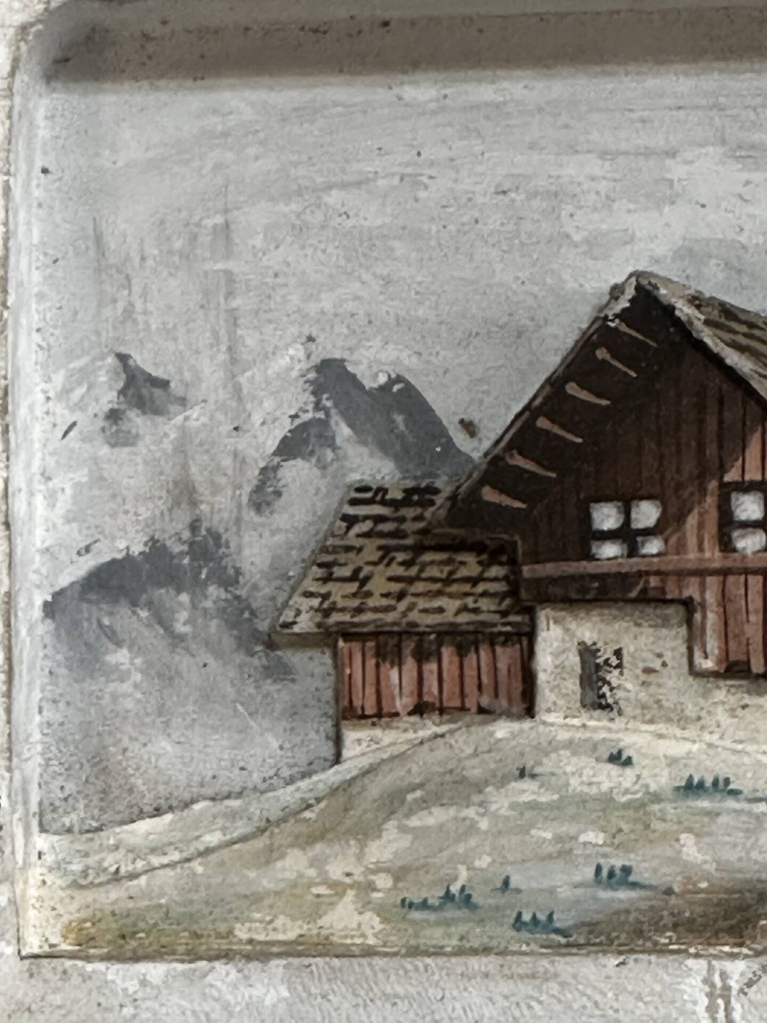 Tableau alpin vintage en bois sculpté et peint