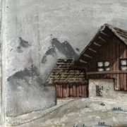 Tableau alpin vintage en bois sculpté et peint