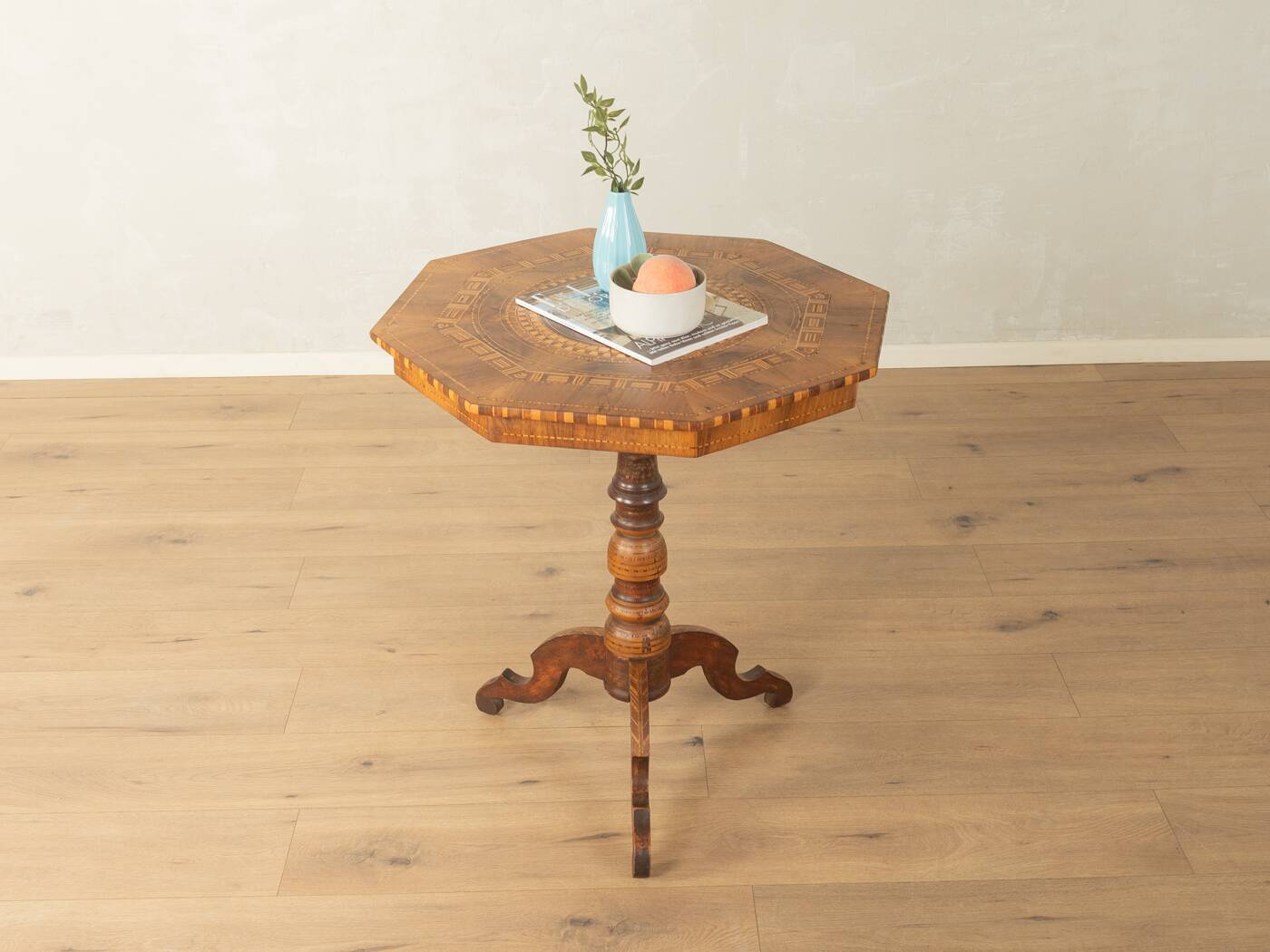 Antique octagonal walnut side table with elaborate inlays, probably Italy, mid-19th century