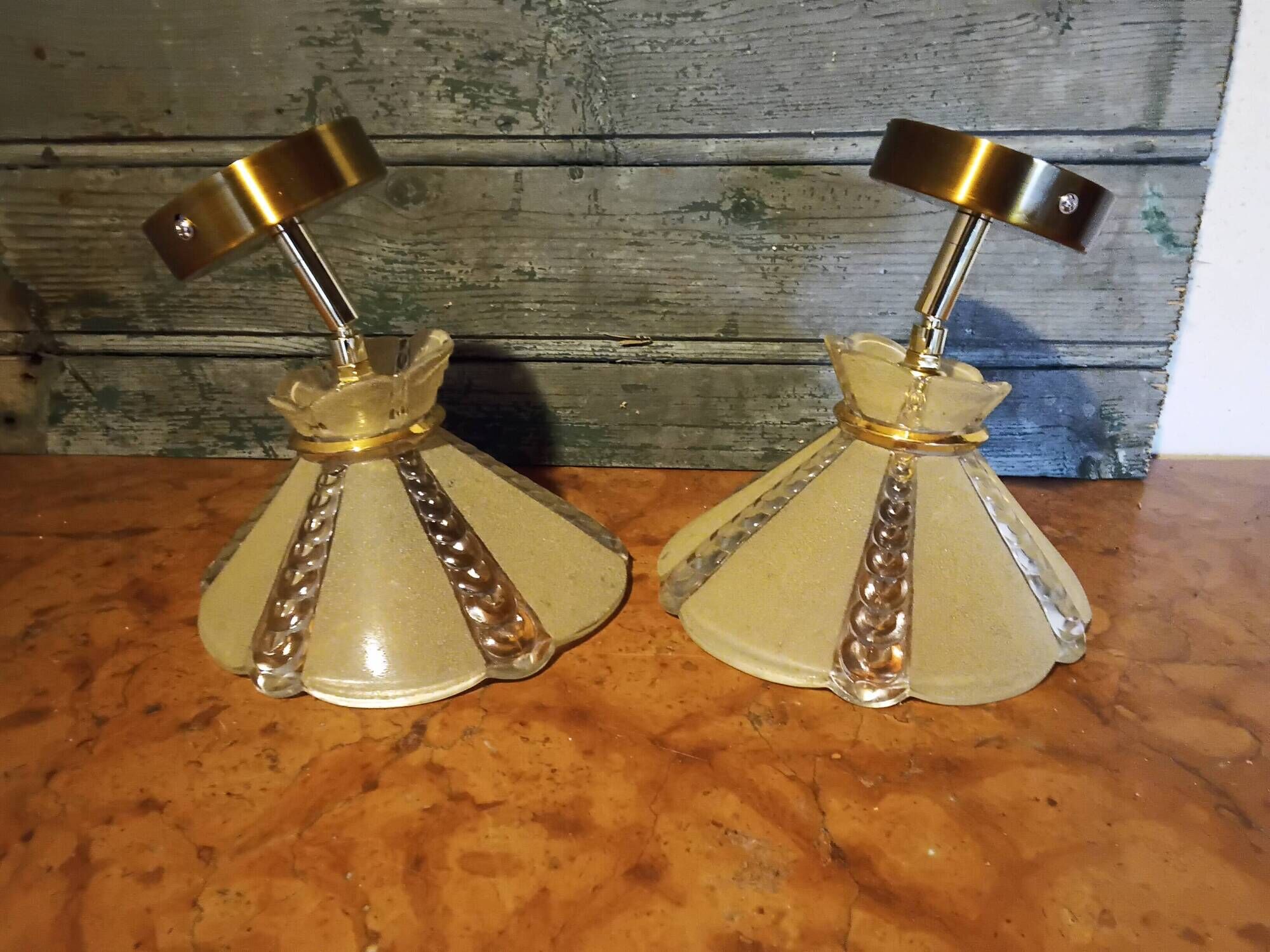 Pair of vintage wall lights in pale yellow granite glass