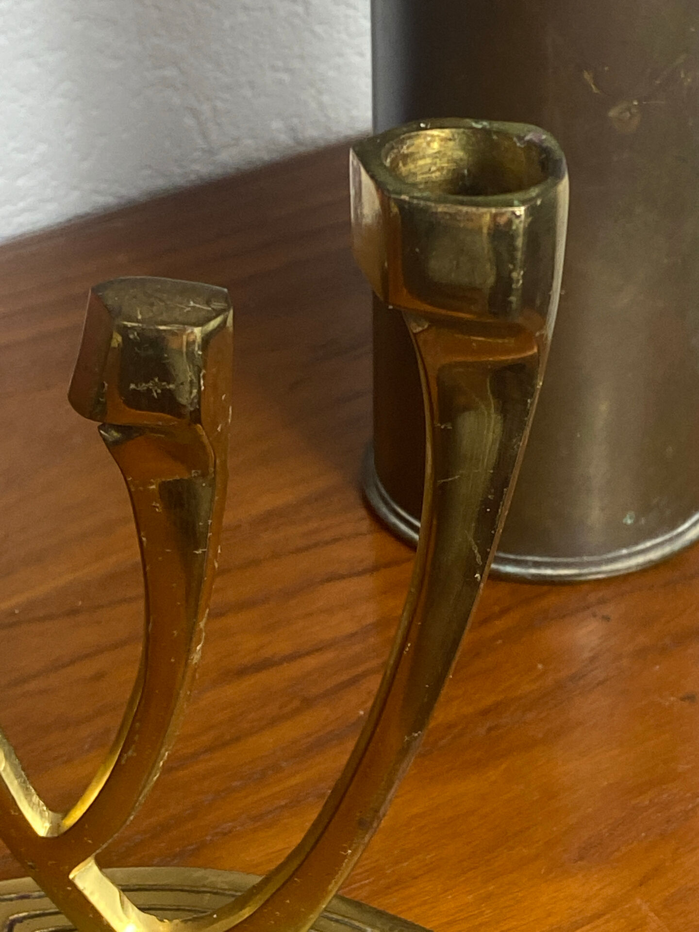 Chandelier, brutalist menorah, Wainberg, in brass.