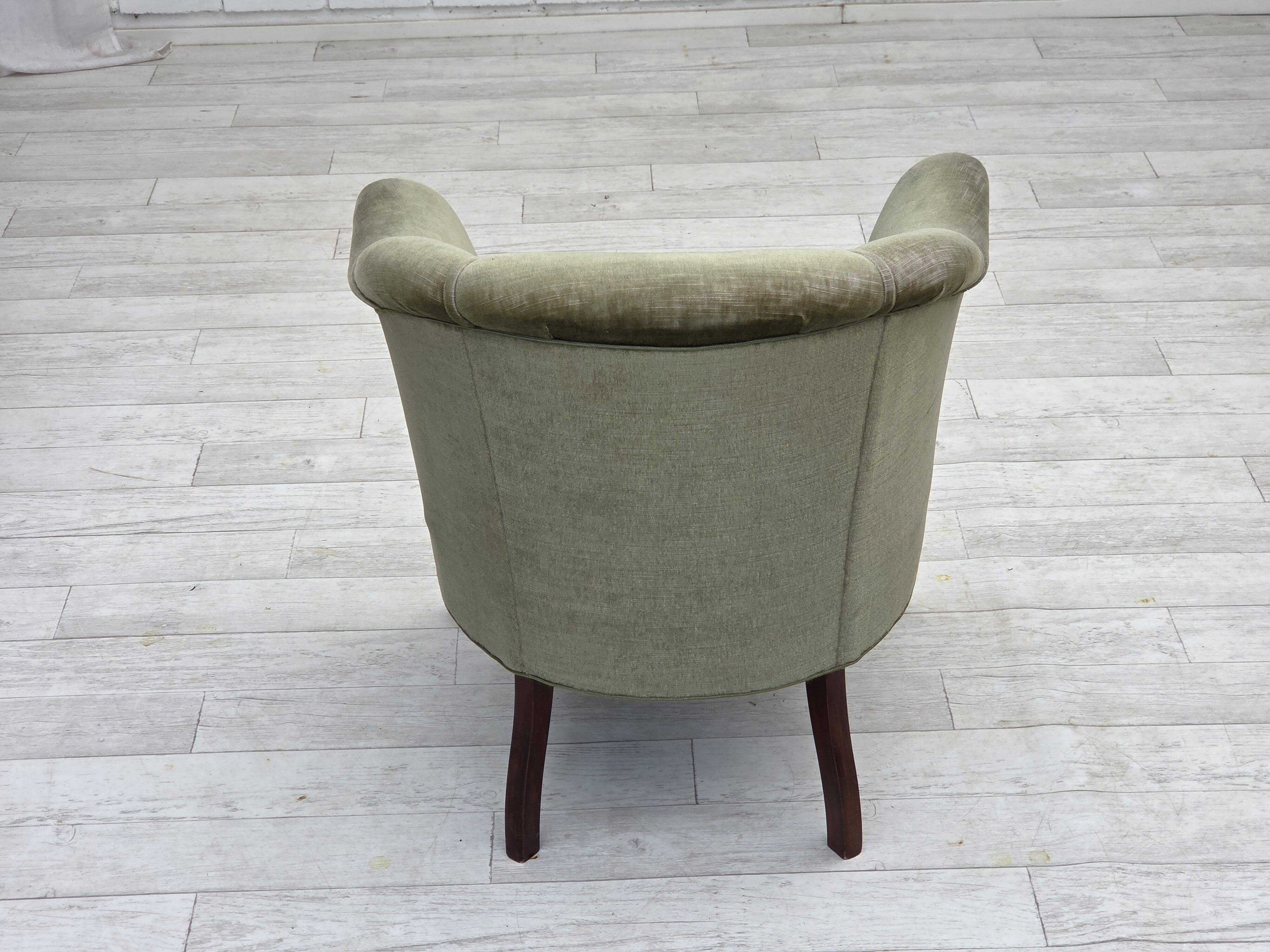 1960s, Danish armchair, green furniture velour, beech wood legs.