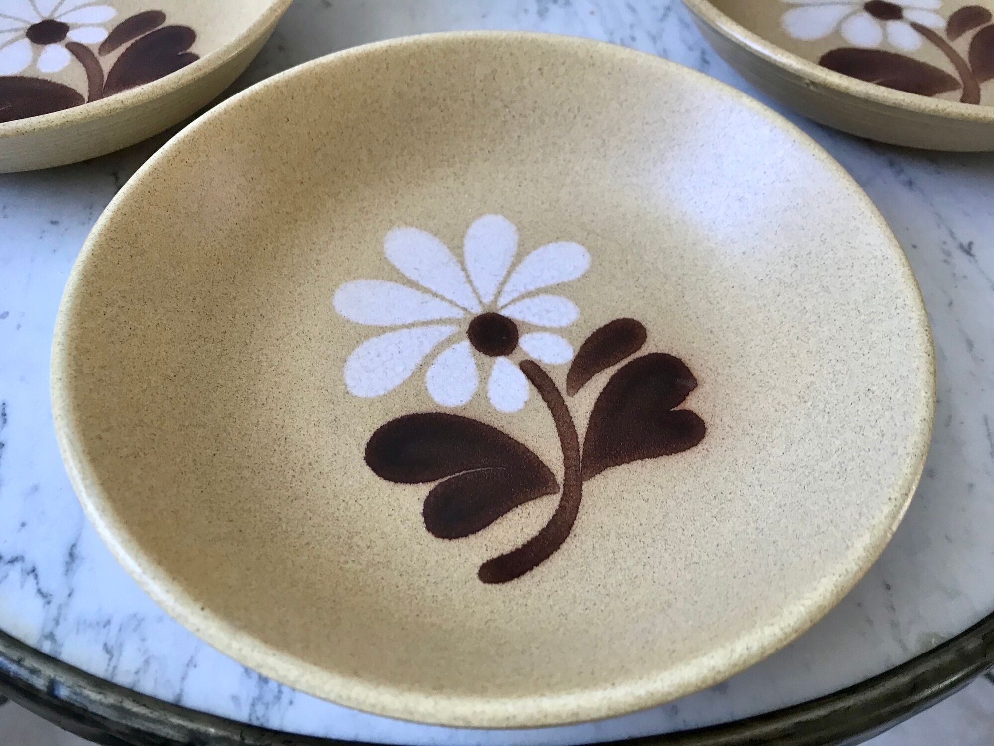 Set of 4 hollow plates in sandstone flowers painted 70s
