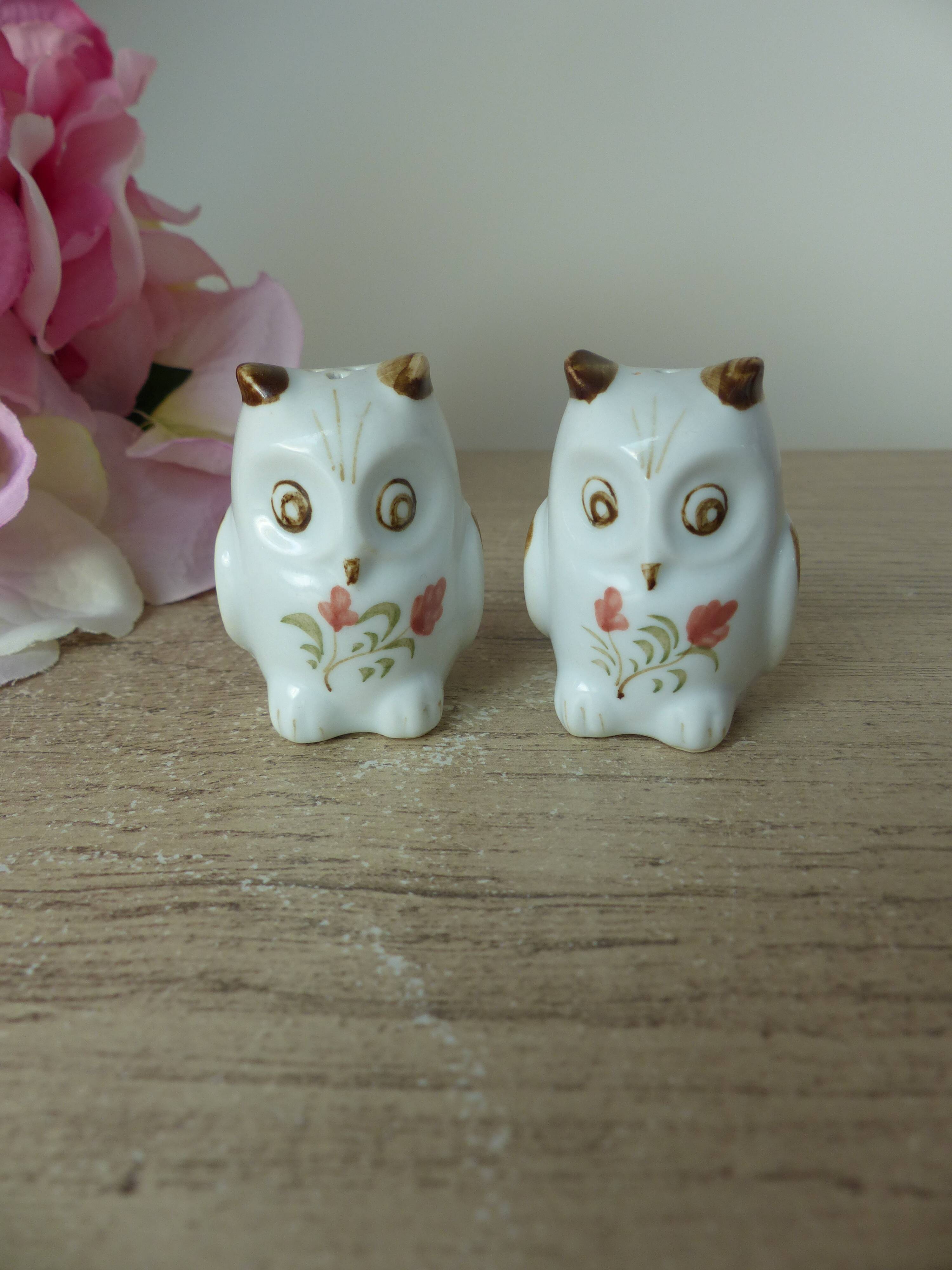 Old vintage hand painted ceramic owl salt and pepper shakers