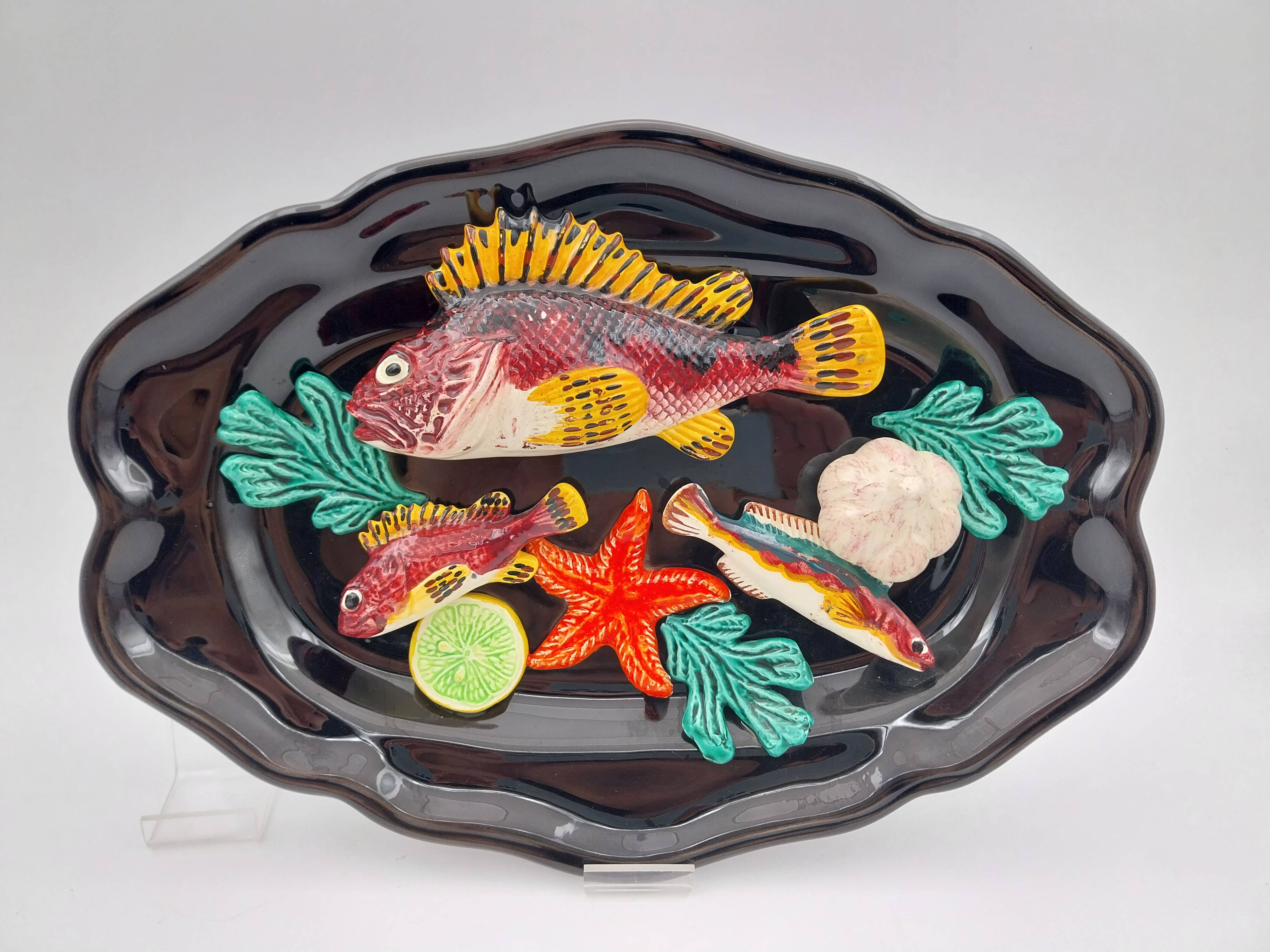 Ceramic dish barbotine vallauris trompe l'oeil kitsch Fish