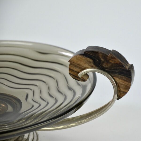 Art deco glass in metal and rosewood 1930 fruit bowl