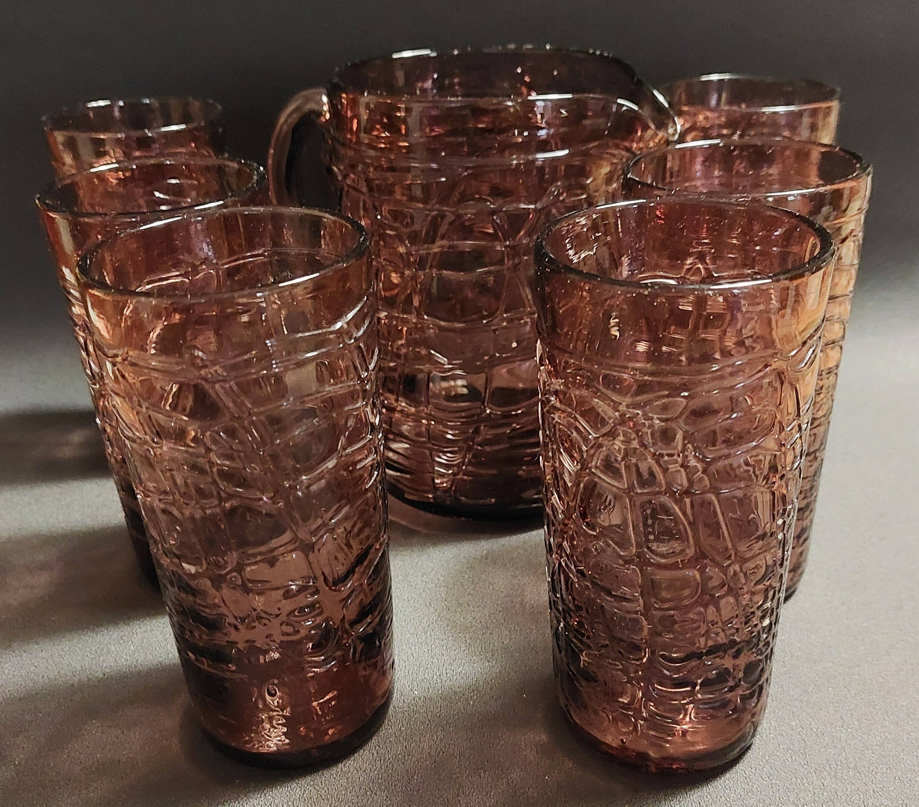 Orangeade set, pitcher, six glasses, purple glass, 70s