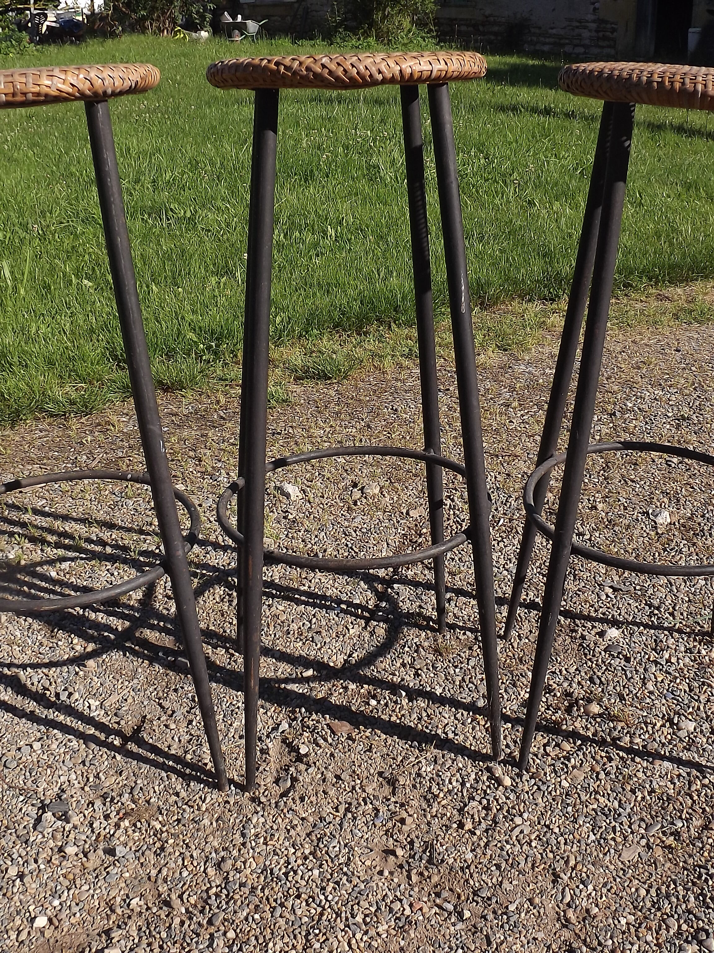 3 vintage stools iron and caning