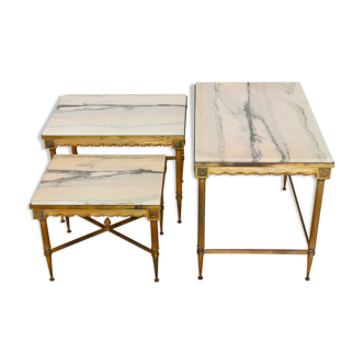 Set of 3 nesting tables in marble and brass, 60s