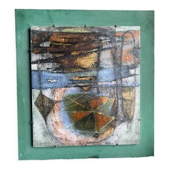 Enamelled lava plate, stone saint Paul painting abstract art