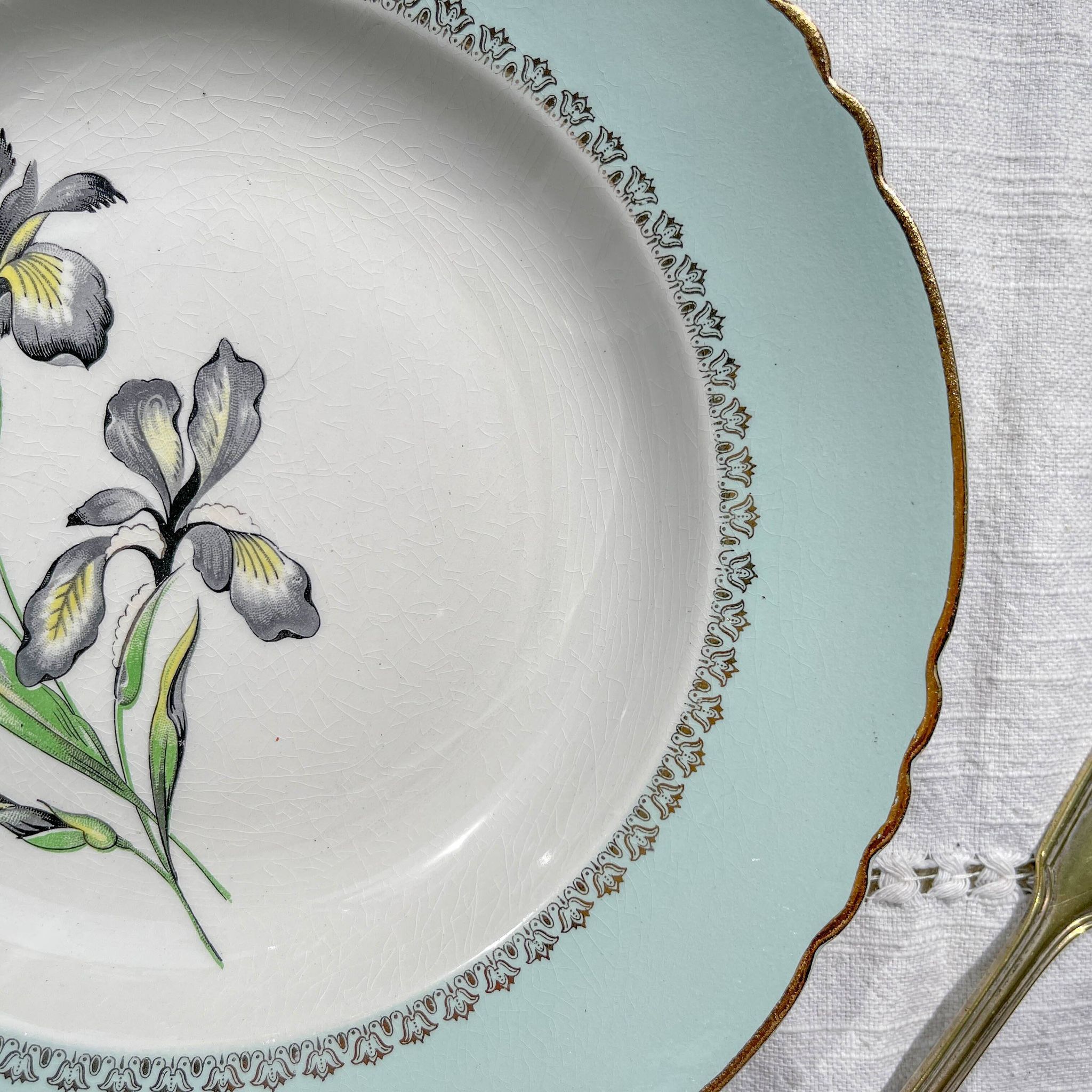 6 vintage white and green porcelain soup plates Iris Moulin des Loups "Sargosse" 1950s
