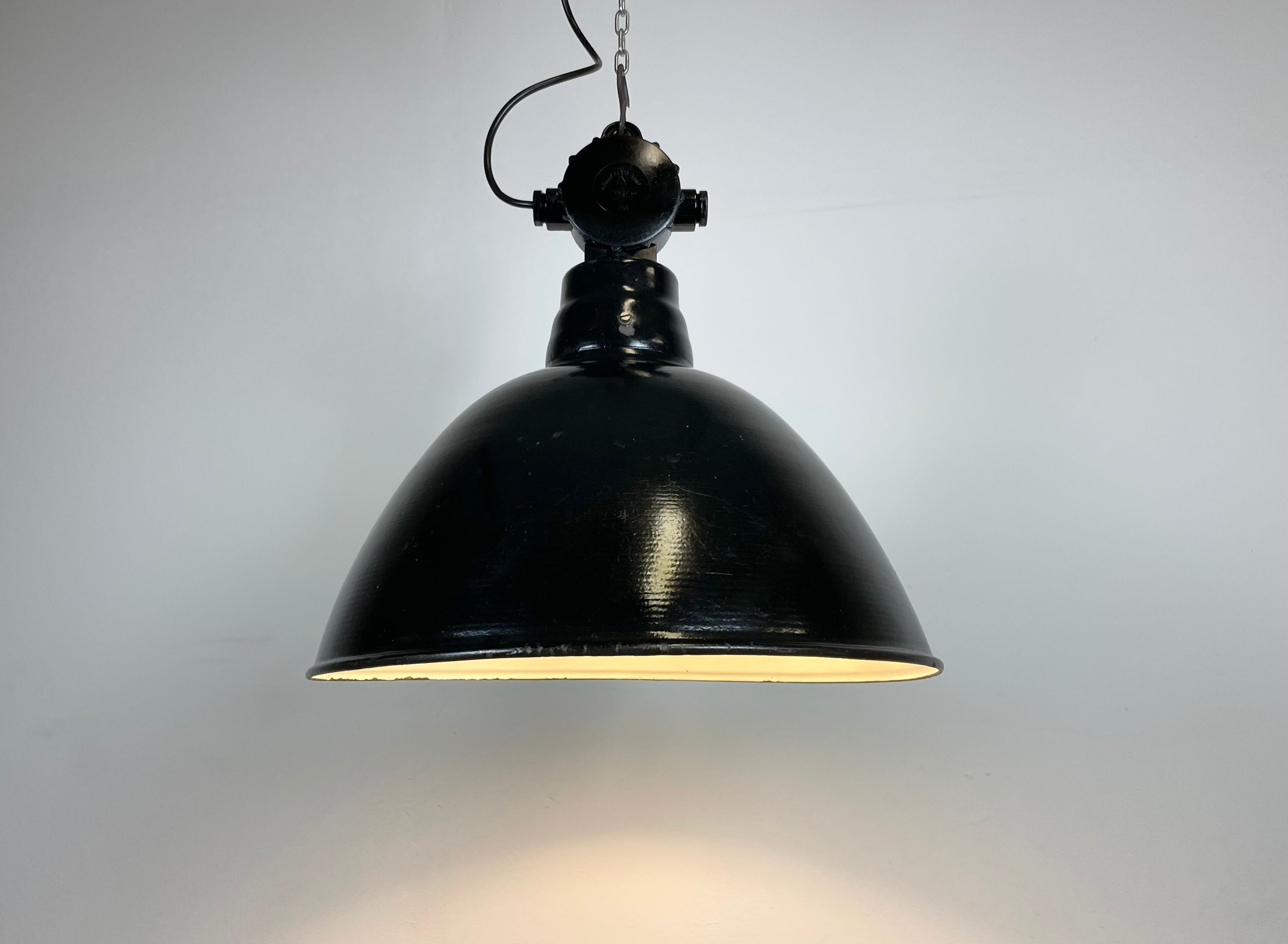 East german black enamel factory light by LBD Veb Leuchtenbau Dresden, 1950s