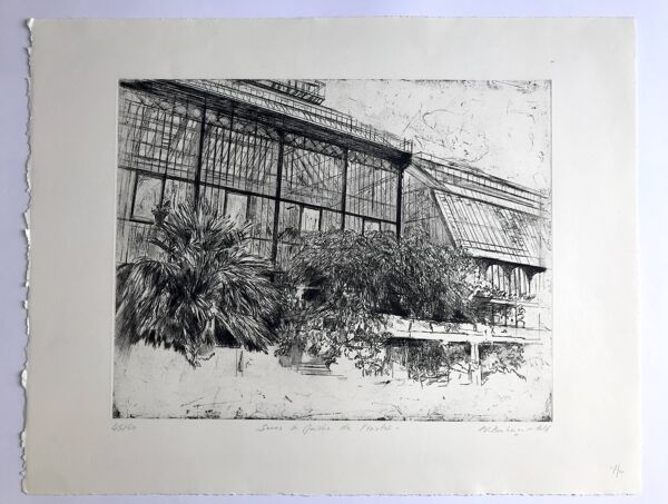 Nicole Bouharmont, Serres et jardin des plantes. pointe sèche signée au crayon