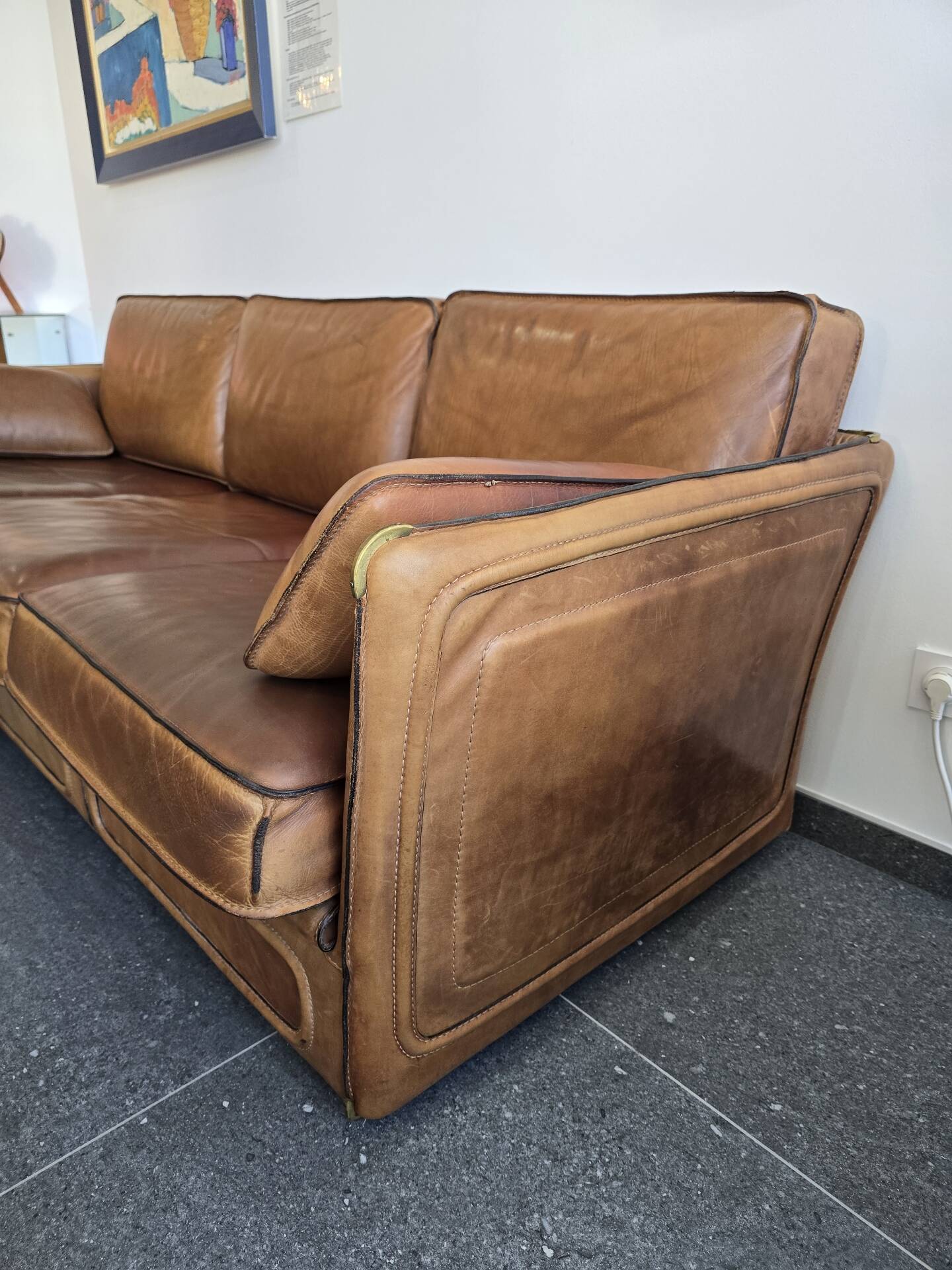Roche Bobois vintage lounge from the 80s – cognac buffalo leather – 2 sofas + pouf