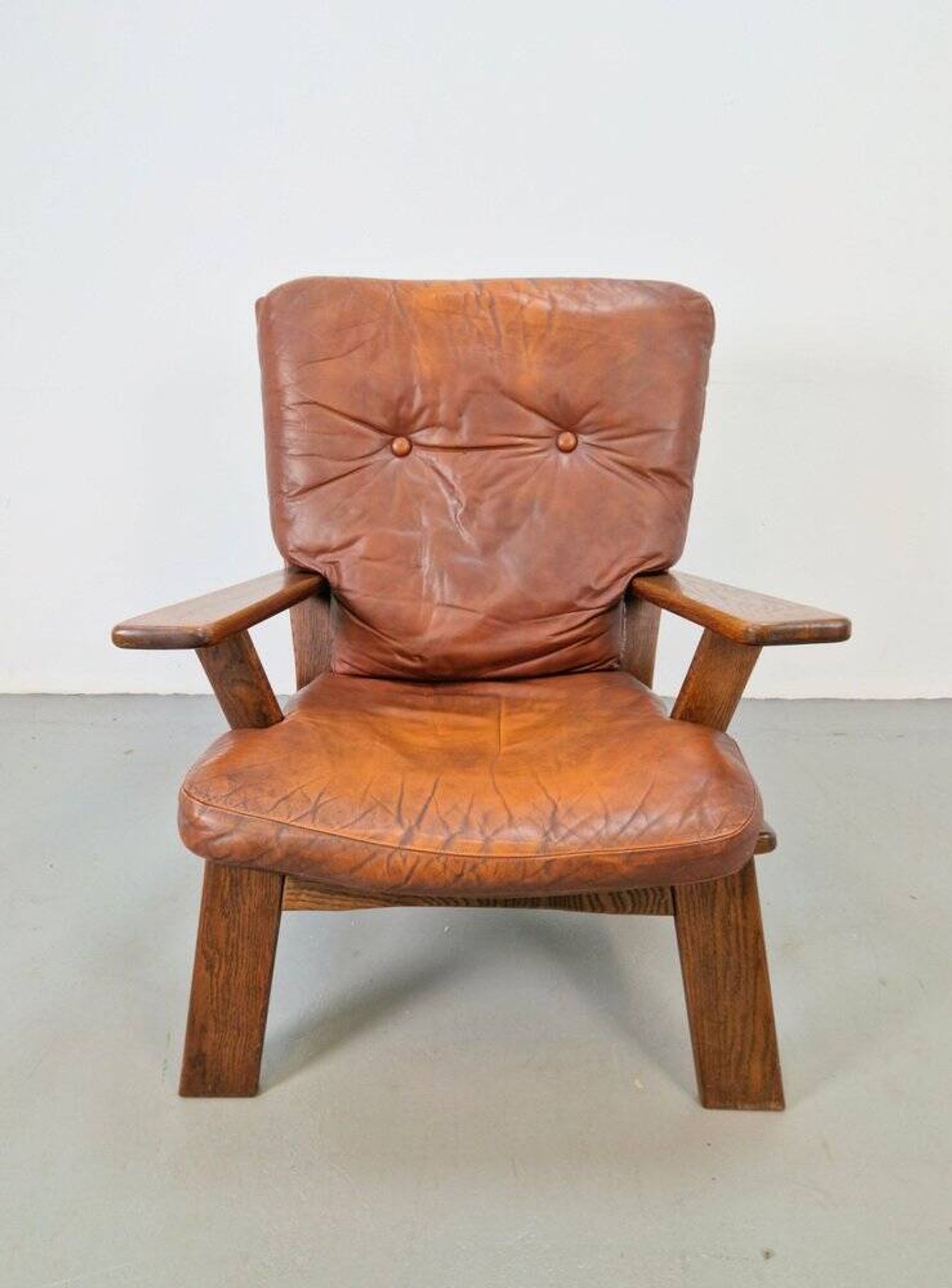 Brutalist Wood Armchair with Brown Leather Upholstery, Germany, 1960s