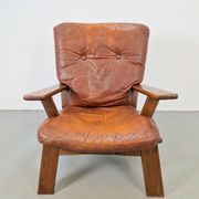 Brutalist Wood Armchair with Brown Leather Upholstery, Germany, 1960s