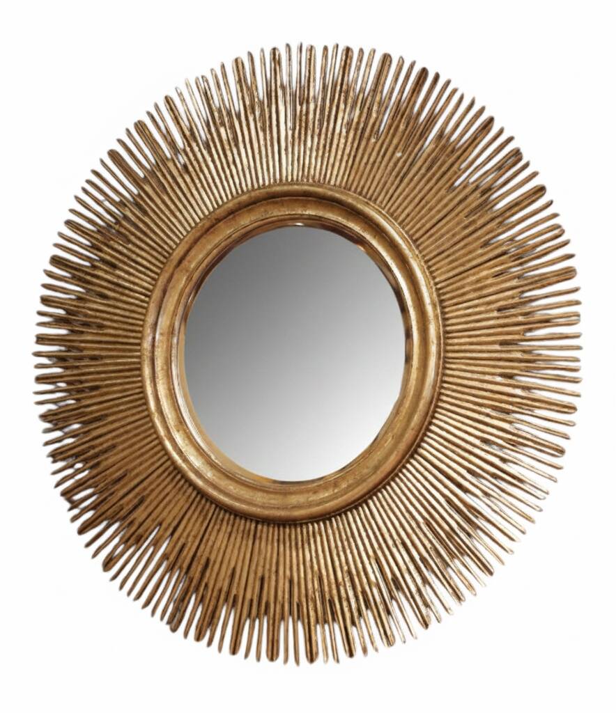 Large sunburst mirror with beveled glass and gilded wood from around 2010.
