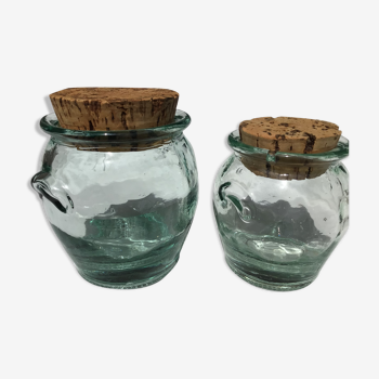 2 jars light green glass molded cork stopper