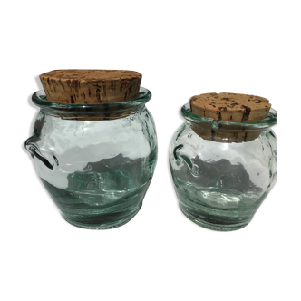 2 jars light green glass molded cork stopper