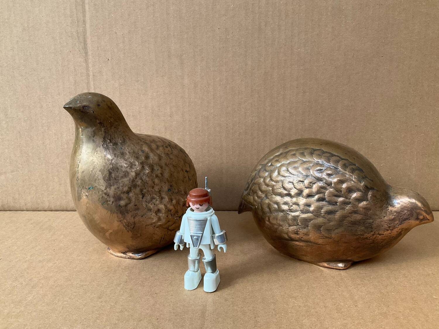 Pair of Art Deco copper quails