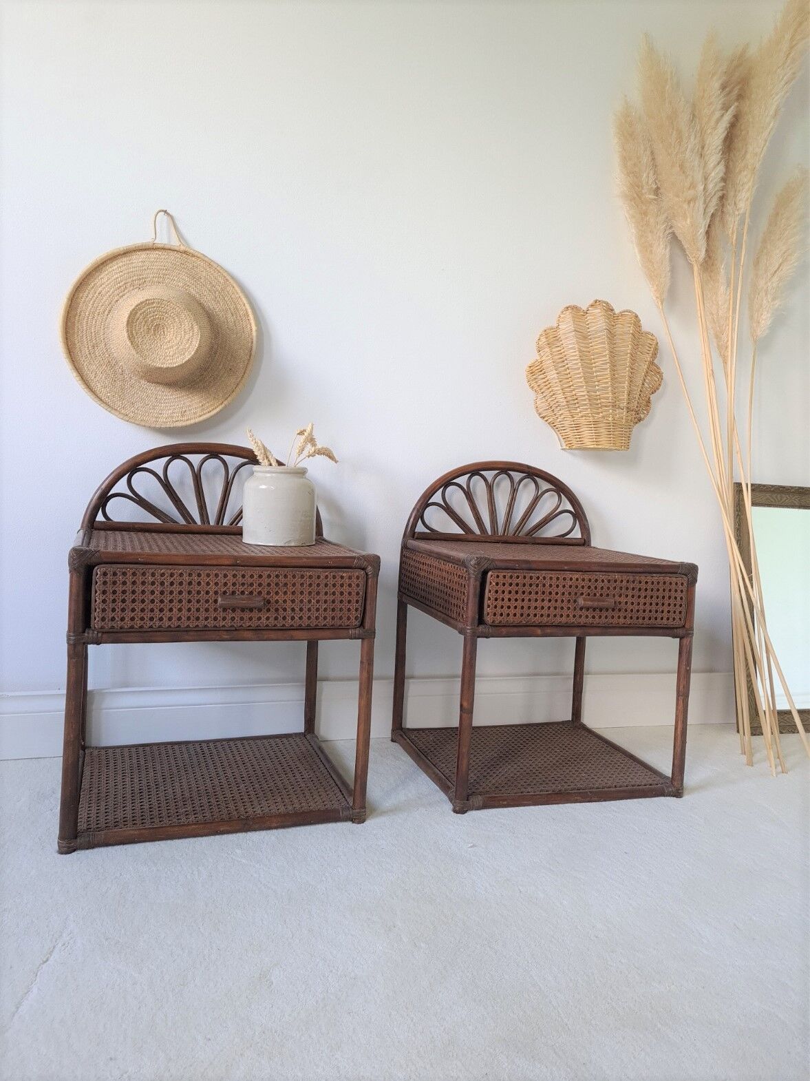 Pair of rattan bedside tables