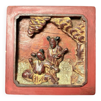 Antique Carved Lacquered Golden Wood Panel Chinese Qing Dynasty Bas Relief