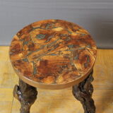 Pedestal table and its brutalist stools in vine stock around 1950