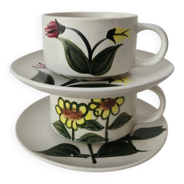 Set of 2 vintage cups + 2 hand-painted ceramic saucers -